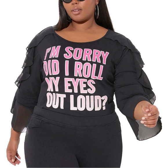 Ashley Stewart Tops - Eye Roll Graphic Tee 3X-5X with Ruffled Cutout Chiffon Sleeves (5A07.13)
